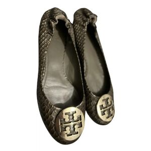 Tory Burch Dark Green Reva Leather Ballet Flats Snakeskin Women's. Size: 8.